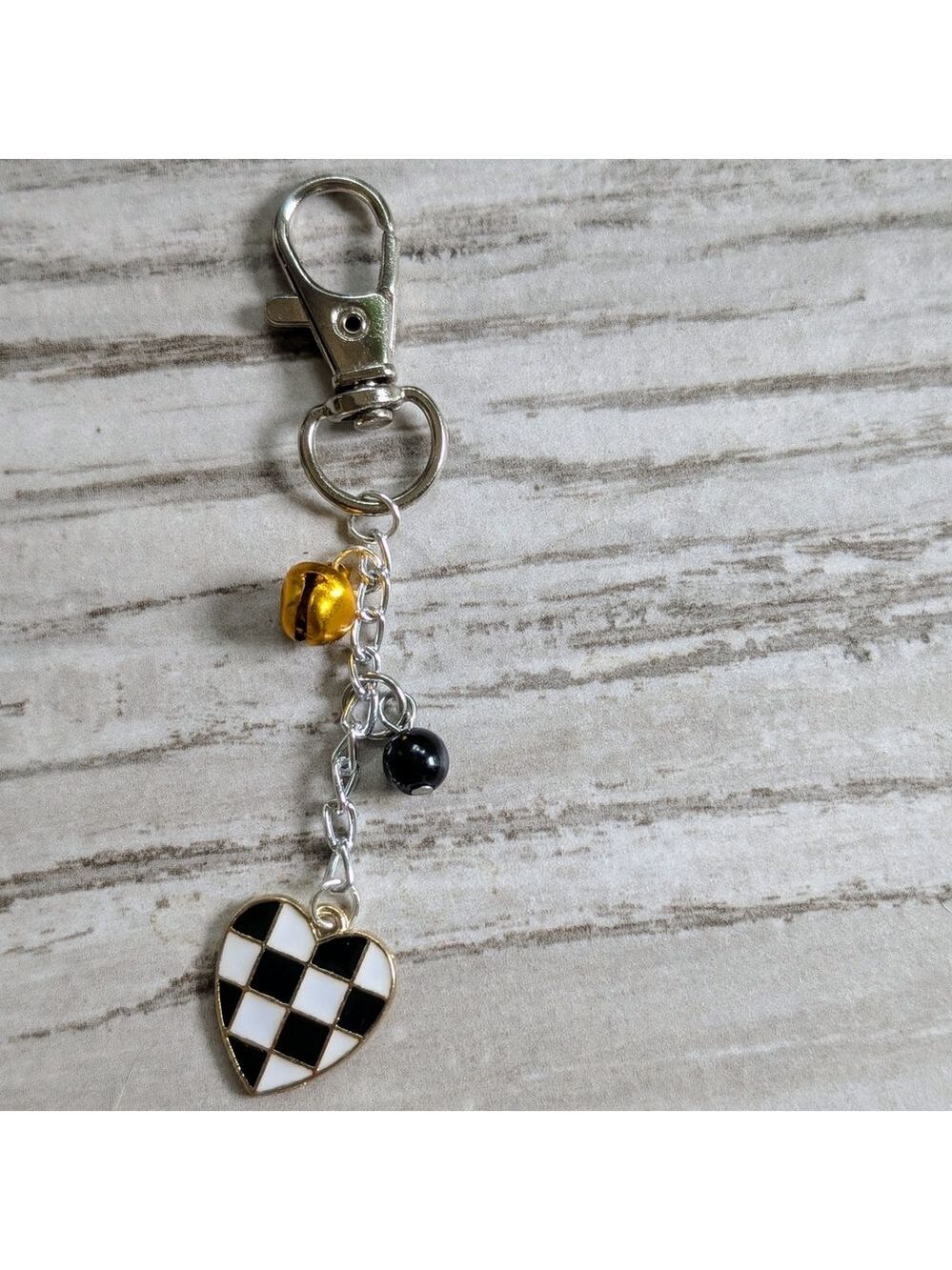 Checkered Heart Bag Charm with Jingle Bell
